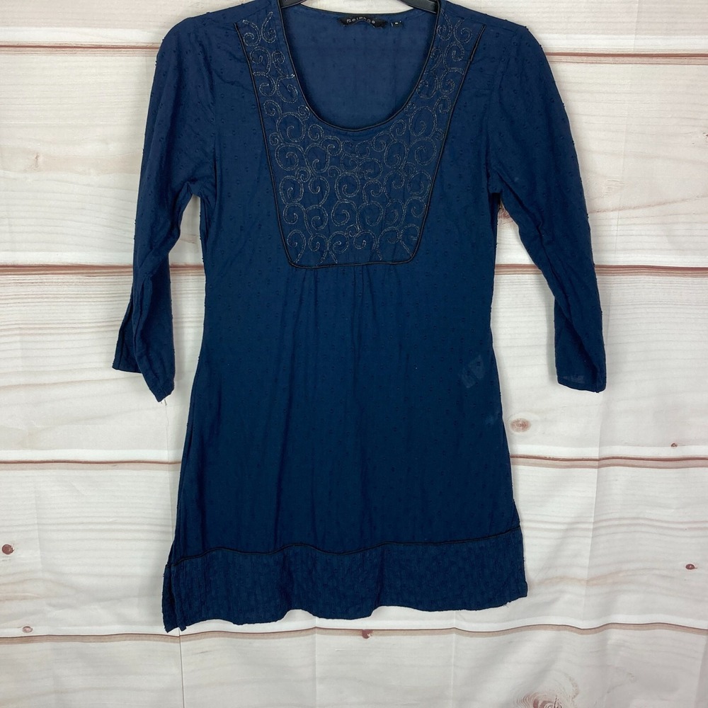 Melange Top Womens Medium Blue Cotton Swiss Dot Tunic Embroidered 3/4 Sleeve